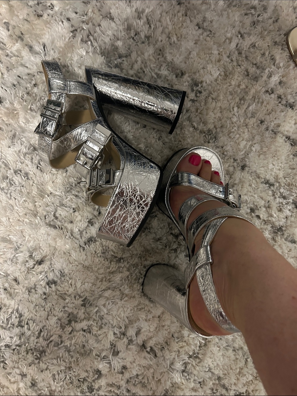 Silver Metallic Platform Block Heel Sandals - Women